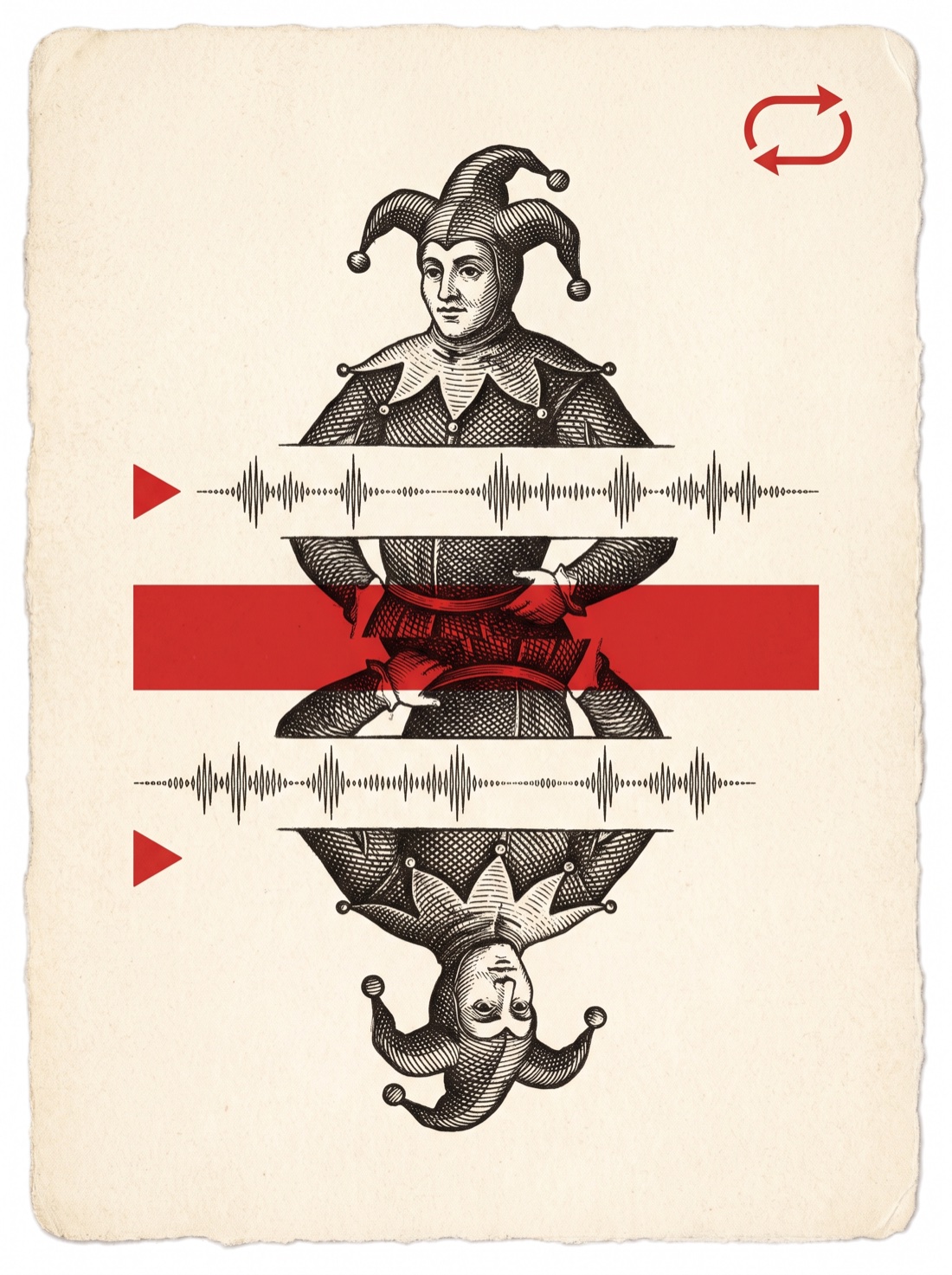 Wildcard Playback — deconstructed joker card, sliced by waveforms, play bars, and a loop arrow